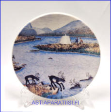 ARABIA, Valtakunnan rajapyykki nro.18 sein�lautanen. Design: Andreas Alariesto,1980-luku.Mitat Halkaisija n. 12 cm, 1kpl, 25�/kpl,( Tuote nro 111A )
