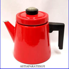 FINEL EMALI,'Pehtoori' kahvipannu,punainen noin 1,5 Ltr,Design:Antti Nurmesniemi,suunniteltu 1957,Kuntokuvaus v�h�isi� k�yt�n j�lki�,Korkeus n.19 cm, 1 kpl,169� /kpl ( Tuote nro / Item #102N )