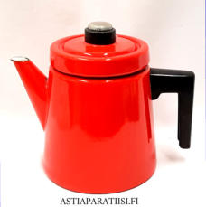 FINEL EMALI,'Pehtoori' kahvipannu,punainen noin 1,5 Ltr,Design:Antti Nurmesniemi,suunniteltu 1957,Kuntokuvaus  k�yt�n j�lki�,Korkeus n.19 cm, 1 kpl,179� /kpl ( Tuote nro / Item #105N )