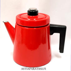 FINEL EMALI,'Pehtoori' kahvipannu,punainen noin 1,5 Ltr,Design:Antti Nurmesniemi,suunniteltu 1957,Kuntokuvaus  k�yt�n j�lki�,Korkeus n.19 cm, 1 kpl,149� /kpl ( Tuote nro / Item #104N )