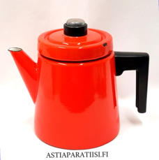 FINEL EMALI,'Pehtoori' kahvipannu,punainen noin 1,5 Ltr,Design:Antti Nurmesniemi,suunniteltu 1957,Kuntokuvaus  k�yt�n j�lki�,Korkeus n.19 cm, 1 kpl,159� /kpl ( Tuote nro / Item #108N )