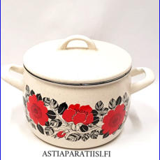 FINEL EMALI, Ruusu kattila, punainen kukka retro, Design:Esteri Tomula, Suunniteltu 1970-luku,v�h�isi� k�yt�n j�lki�,Halkaisija n.17 cm,Korkeus n.11,5 cm, ilman kantta ja kahvaa,1 kpl,68 � /kpl ( Tuote nro / Item #174N)