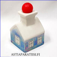 ARABIA, kynttil�njalka " Sininen talo" Design:Helj� Liukko-Sundstr�m, Valmistettu 1980-luvulta,Korkeus n. 10,5 cm, leveys n. 7 cm X 7 cm, 120 � ( Tuote nro / Item #321HL )