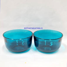NUUTAJ�RVI LASI, Fasetti J��tel�malja / J�lkiruokamalja turkoosi v�rinen,Design:Kaj Franck,Tuotannossa: 1964-1972,Korkeus n.5,5 cm, halkaisija n.10 cm, 2 kpl,26� /kpl.( Tuote nro / Item #114LJ )