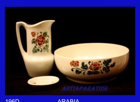 ARABIA,Pesuastiasto,jugendtyylinen hieno kunto,XE-mallia, setiss� on kolme osaa, kannu, vati ja saippuateline,430� ( Tuote nro / Item #196D)