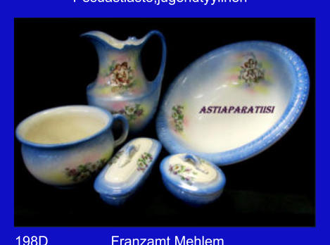 Franzamt Mehlem Germany,1884 - 1903, Rokokoo-tyylinen pesuastiasto, 5 osaa, kannu, potta,vati ja kaksi saippuatelinett�, pient� j�lke�. 480� ( Tuote nro / Item #198D)
