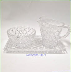 KRISTALLIA  Sokerikko ja kermakko ja tarjotin,Kermakko korkeus:n.8,8 cm, halkaisia n.8 cm,Sokerikon korkeus:n.4,5 cm, Halkaisia:n.9,5 cm, pari,65� ( Tuote nro / Item #169KR )