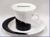 ARABIA,Lyra kahvikuppi,  Design:Inkeri Leivo , koriste: Tove Slotte,Kupin korkeus n. 7,7 cm, halkaisija n.7,9 cm,Suunniteltu vuonna 1980, 13 kpl,38�/kpl ( Tuote nro 144 Q )