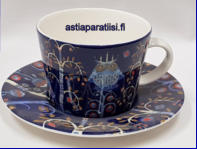 IITTALA / FISKARS  Taika sininen cappucinokuppi ja aluslautanen,Design:Heikki Orvola, (kuvio) Klaus Haapaniemi,Kupin korkeus n.6,6 cm, halkaisija n. 9 cm, Suunniteltu vuonna 2007, 0kpl,  ( Tuote nro 251Q )