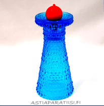 NUUTAJ�RVI,turkoosinsininen k��nt�maljakko / kynttil�njalka,Kastehelmi. Design:Oiva Toikka,Valmistettu 1964-luvulta,mitat Korkeus,n.15,5 cm, halkaisija n. 7 cm, 4 kpl, 84 �/kpl( Tuote nro / Item #111C )