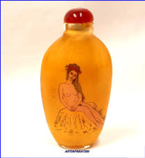 Kiinalainen k�sinmaalattu lasipullo ihana alaston nainen / Chinese hand-painted glass bottle A wonderful naked women,korkeus n. 8 cm, halkaisija n.4 cm,1kpl, 45�/kpl
