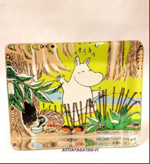 IITTALA, Muumi lasikortti Onnellinen Muumipeikko ,.2002-2005,Suunnittelija:Tove Slotte-Elevant,leveys n. 10 cm, korkeus n. 8 cm,1kpl,65�/kpl