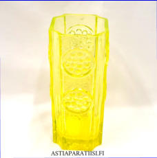 RIIHIM�EN LASI,Rondella lasimaljakko keltainen, Design:Tamara Aladin,Valmistettu:1968-1972-luku,eritt�in v�h�isi� k�yt�n j�lki� yl�reunassa,Korkeus n.25 cm, halkaisija n.10 cm X 10 cm ,0 kpl, ( Tuote nro / Item #129MA )