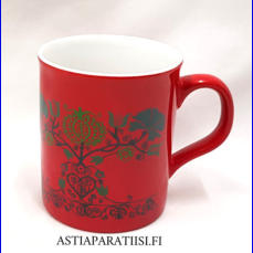 MARIMEKKO, punainen muki ,Iso Granaattiomena -kuviolla, Design:Maija Isola,vanhempaa tuotantoa,korkeus n.9,5 cm, halkaisija n.8 cm, 0 kpl, ( Tuote nro 162 P )