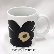 MARIMEKKO, musta UNIKKO- muki,Design: Maija Isola 1964,korkeus n.8,9 cm, halkaisija n.7,5 cm, ,1 kpl,34�/kpl,( Tuote nro 227 P )