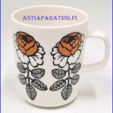 MARIMEKKO, Vihkiruusu muki,kullanruskea kukka,Design: Maija Isola  ,korkeus n.9,5 cm, halkaisija n.8 cm, 1 kpl,64�/kpl ( Tuote nro 257 P )