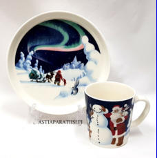 ARABIA, Santa Claus, Lautanen 19cm Revontulet,Muki 0,3L Lumiukko,3 setti., 70 � /setti ( Tuote nro 324 P )