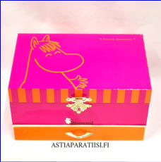 Muumi  Niiskuneiti  koru / soittorasia, sis�ll� py�riv� Niiskuneiti, vaaleanpunainen samettipinta ja lokerot koruille/yms. Soittaa muumilaakson tarinoita-tunnusmusiikkia. n. 17,5cm x 9,5cm , 1 kpl , 50�/kpl.( Tuote nro 292 M )