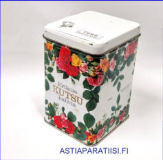 PELTIPURKKI, Erikois Kutsu Kahvia Peltipurkki Vintage,Tukkukauppojen Oy:n ruusukuvioinen kahvipurkki saranakannella,1960-1970-luvulta,Purkissa pient� kulumaa,Korkeus n. 15,5 cm, leveys n. 10 cm,1 kpl,28 � /kpl ( Tuote nro / Item #102PP )