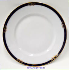 ARABIA,sininen reuna kultakoriste  matala ruokalautanen,Valmistettu 1935-1939, leveys n. 24,5 cm,6 kpl,30�/kpl, ( Tuote nro 345R )