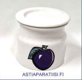 ARABIA, Hillopurkki,Iso luumu retro,Pomona kannella, Design: Raija Uosikkinen,Valmistusvuosi 1965-1973-luku,korkeus:n. 9 cm, Halkaisija: n.10 cm,1kpl,95�( Tuote nro 105 Y )