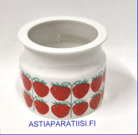 ARABIA,pomona Iso purnukka, mansikka Ilman kantta,Design:Raija Uosikkinen,Tuotannossa,1965-73-luku,korkeus:n.8,5 cm, Halkaisija: n.10 cm,1kpl,65�( Tuote nro 116Y )