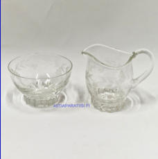Vanha hiottu lasi  kermakko ja sokerikko, Kermakko korkeus:n. 9,5 cm, Halkaisija n.6,5 cm,Sokerikon korkeus:n.6,5 cm, Halkaisija:n.10 cm, pari,45� ( Tuote nro / Item #153S )