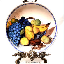KUPITTAAN SAVI, taidekeramiikka Vati Hedelmi� aihe k�sinmaalattu,Design:Hendrik Cornelius van Riemsdijk, signeerattu,mitat Halkaisija n.36 cm, 329� ( Tuote nro / Item #120F 